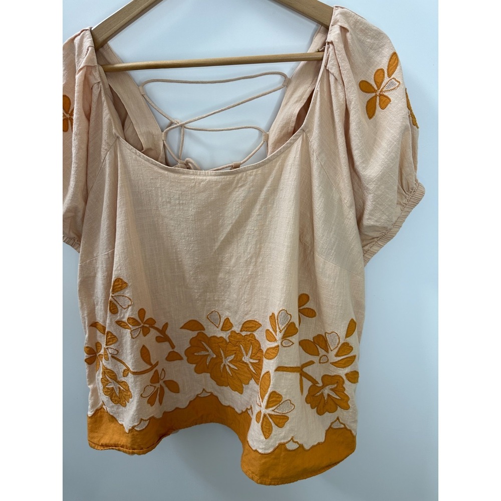 Madewell Embroidered Flower Puff Sleeve Cotton Lace-Up Back Top Plus Size 1X - Picture 5 of 13